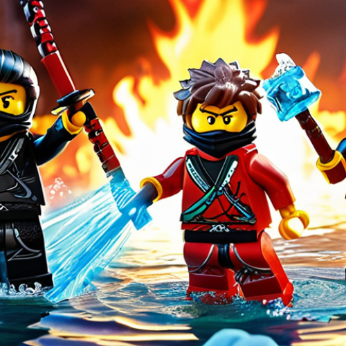 Home 4 **
A dramatic scene in Ninjago featuring ninjas with elemental powers (fire, water, earth, air) working together as a team. Emphasize the contrast between Kai's fiery energy and Nya's calming water powers. Show them overcoming an obstacle that requires teamwork and highlights the importance of unity. The style should be vibrant and action-packed, reflecting the dynamic battles of Ninjago.
**