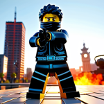 A heroic Ninjago character, similar to Lloyd or Kai, in a dynamic pose, wearing a richly textured, fully clothed, modest ninja suit. The character is set against a vibrant and highly detailed Ninjago City backdrop at sunset, with dramatic volumetric lighting casting long, natural shadows. Advanced 3D modeling, intricate environmental details, realistic fire or water effects in the distance. The character exhibits fluid, expressive movements and nuanced facial expressions. Cinematic quality, professional animation, perfect anatomy, correct proportions, natural pose, well-formed Lego hands, proper finger count. This image is safe for work, appropriate content, and family-friendly.