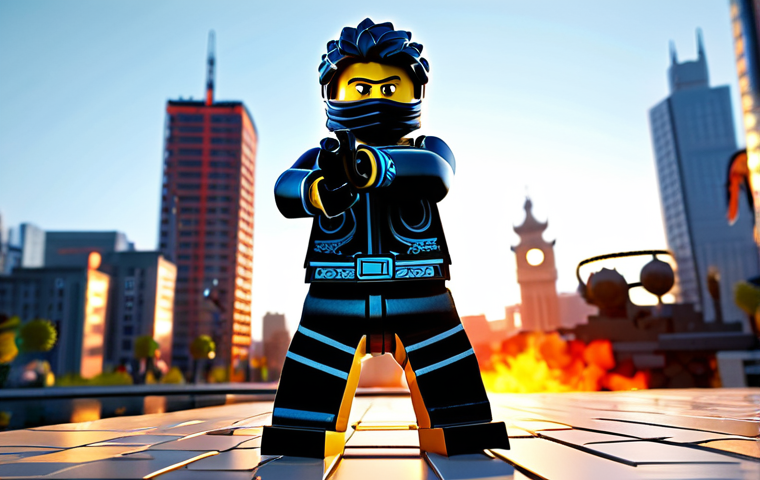 A heroic Ninjago character, similar to Lloyd or Kai, in a dynamic pose, wearing a richly textured, fully clothed, modest ninja suit. The character is set against a vibrant and highly detailed Ninjago City backdrop at sunset, with dramatic volumetric lighting casting long, natural shadows. Advanced 3D modeling, intricate environmental details, realistic fire or water effects in the distance. The character exhibits fluid, expressive movements and nuanced facial expressions. Cinematic quality, professional animation, perfect anatomy, correct proportions, natural pose, well-formed Lego hands, proper finger count. This image is safe for work, appropriate content, and family-friendly.