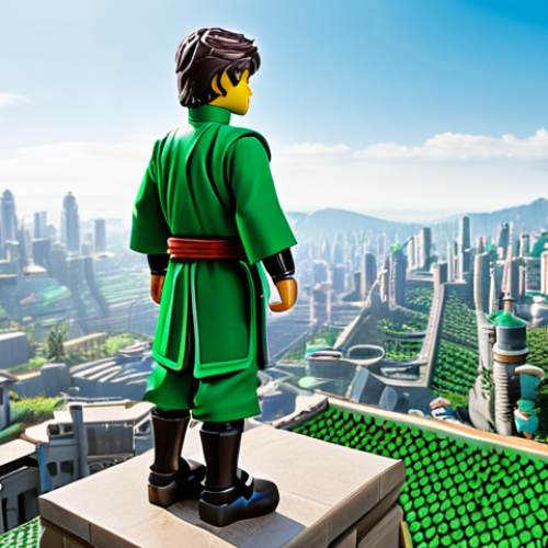 Home 30 A mature and wise Lloyd, the Green Ninja from Ninjago, in his traditional and modest ninja suit, standing contemplatively on a high architectural vantage point, gazing over the vast and vibrant Ninjago City under a clear sky. His expression conveys deep responsibility and leadership, reflecting his journey from a spirited child to a formidable and respected figure. The atmosphere is serene yet powerful, highlighting his growth and the destiny he has embraced. Fully clothed, appropriate attire, safe for work, appropriate content, family-friendly. Perfect anatomy, correct proportions, natural pose, well-formed hands, proper finger count, natural body proportions. High quality, professional photography.