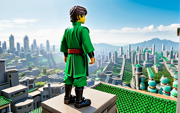 A mature and wise Lloyd, the Green Ninja from Ninjago, in his traditional and modest ninja suit, standing contemplatively on a high architectural vantage point, gazing over the vast and vibrant Ninjago City under a clear sky. His expression conveys deep responsibility and leadership, reflecting his journey from a spirited child to a formidable and respected figure. The atmosphere is serene yet powerful, highlighting his growth and the destiny he has embraced. Fully clothed, appropriate attire, safe for work, appropriate content, family-friendly. Perfect anatomy, correct proportions, natural pose, well-formed hands, proper finger count, natural body proportions. High quality, professional photography.
