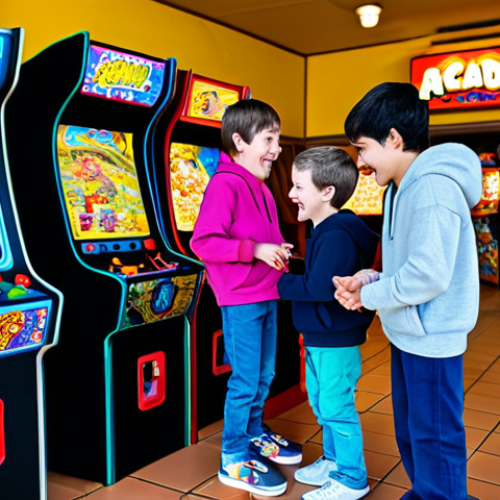 Home 28 Ninjago Team at the Arcade**
"The Ninjago team - Kai, Jay, Zane, Cole, Lloyd, and Nya - fully clothed in their ninja gi's but with casual modifications (e.g., Jay wearing a hoodie over his gi), are laughing and playing arcade games in a brightly lit, family-friendly arcade. The arcade is filled with colorful machines and other kids are enjoying themselves in the background. Safe for work, appropriate content, modest, professional digital art, perfect anatomy, natural proportions, well-formed hands, proper finger count."
**
