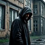 "A sorrowful figure, cloaked in shadows, stands before a dilapidated orphanage in a perpetually overcast city. Rain streaks down the grimy windows. He is fully clothed in simple, worn garments. His face is etched with regret. Safe for work, appropriate content, family-friendly, perfect anatomy, natural pose, professional illustration."