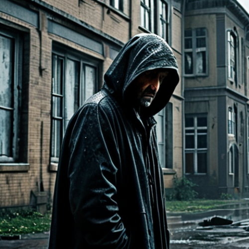 Home 27 "A sorrowful figure, cloaked in shadows, stands before a dilapidated orphanage in a perpetually overcast city. Rain streaks down the grimy windows. He is fully clothed in simple, worn garments. His face is etched with regret. Safe for work, appropriate content, family-friendly, perfect anatomy, natural pose, professional illustration."