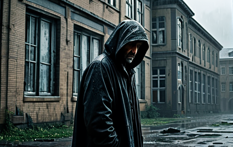 "A sorrowful figure, cloaked in shadows, stands before a dilapidated orphanage in a perpetually overcast city. Rain streaks down the grimy windows. He is fully clothed in simple, worn garments. His face is etched with regret. Safe for work, appropriate content, family-friendly, perfect anatomy, natural pose, professional illustration."