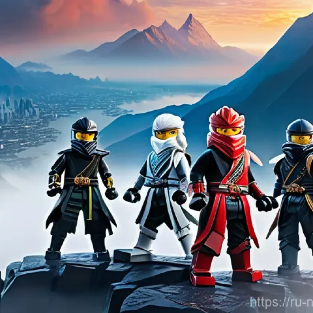 닌자고 성인 팬덤 증가 원인 - A group of five adult Ninjago characters (Kai, Jay, Zane, Cole, Lloyd), depicted in a realistic yet ...