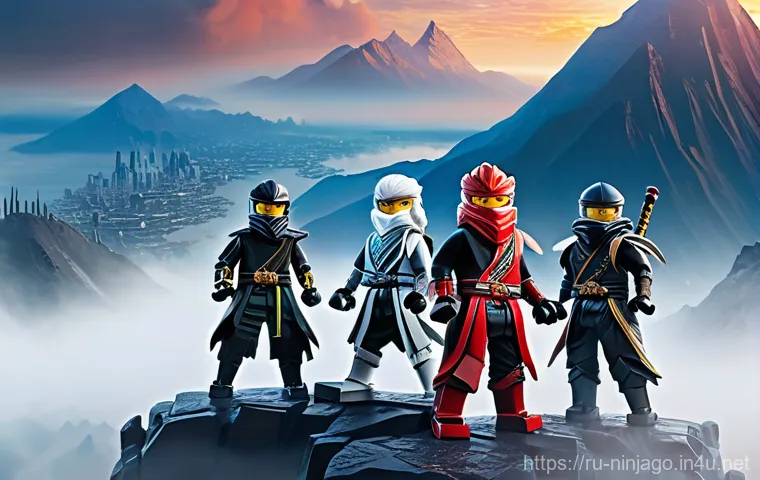 닌자고 성인 팬덤 증가 원인 - A group of five adult Ninjago characters (Kai, Jay, Zane, Cole, Lloyd), depicted in a realistic yet ...