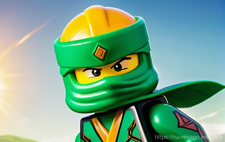 닌자고 캐릭터별 명암의 설정 - **Prompt:** A vibrant, heroic full-body image of Lloyd, the Green Ninja from Ninjago. He stands conf...