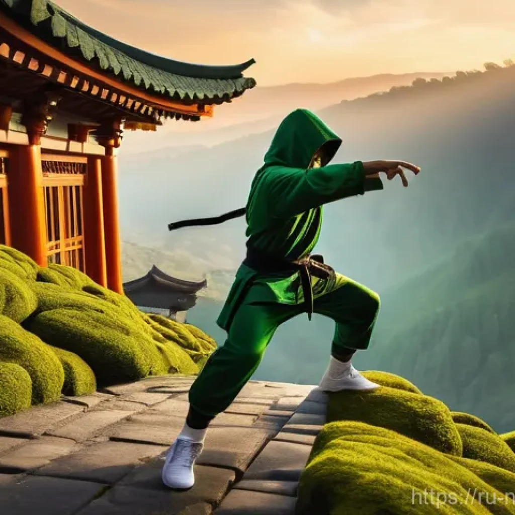 닌자고 닌자들의 무술 동작 - **"A male Ninjago-style ninja, agile and athletic, performs a breathtaking parkour jump between two ...