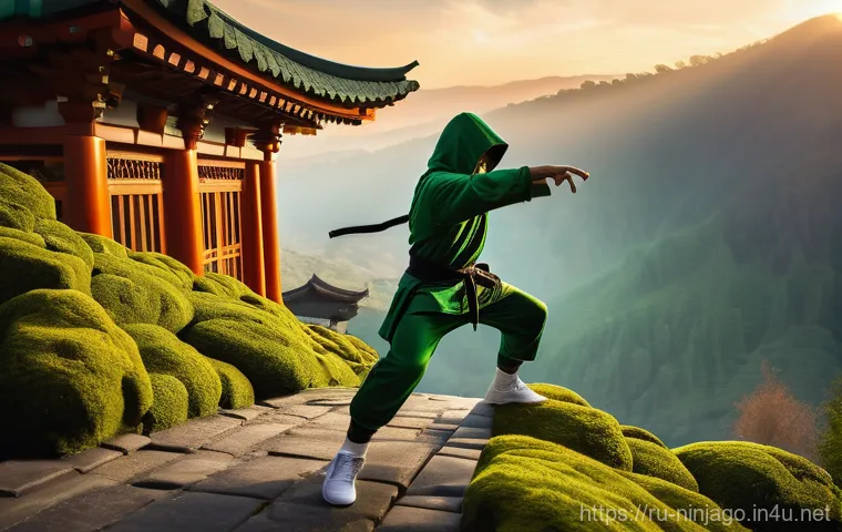 닌자고 닌자들의 무술 동작 - **"A male Ninjago-style ninja, agile and athletic, performs a breathtaking parkour jump between two ...