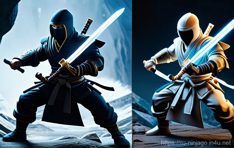 닌자고 닌자들의 무술 동작 - **"A dynamic action shot featuring two Ninjago-style ninja locked in a coordinated elemental combat.... 닌자고 닌자들의 무술 동작 - **"A dynamic action shot featuring two Ninjago-style ninja locked in a coordinated elemental combat....