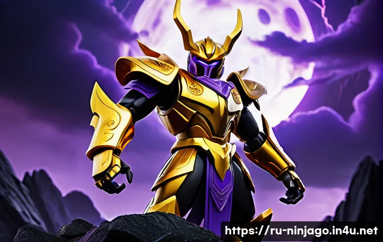 닌자고 악당들 능력 분석 - A highly detailed, epic wide shot of the Overlord in his formidable Golden Master form, standing maj...