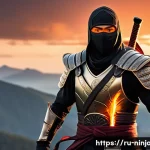 닌자고 닌자와 전설의 무기 연결 - A heroic ninja warrior standing confidently on a rugged mountain peak at sunset, wearing intricate, ...