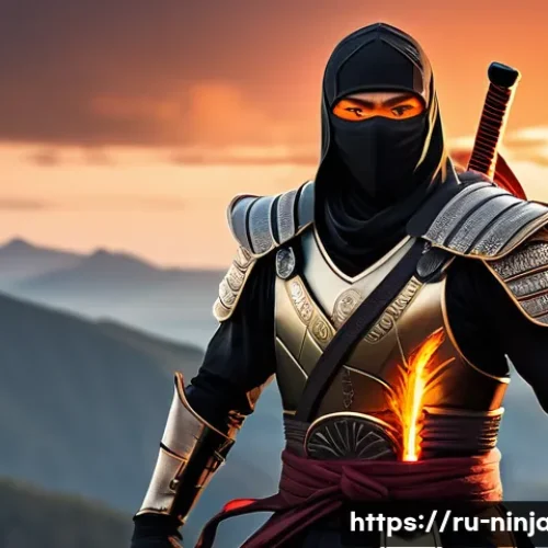 닌자고 닌자와 전설의 무기 연결 - A heroic ninja warrior standing confidently on a rugged mountain peak at sunset, wearing intricate, ...