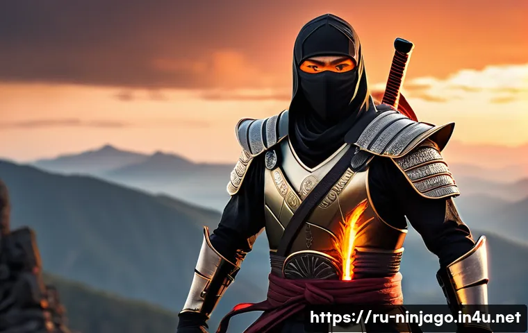 닌자고 닌자와 전설의 무기 연결 - A heroic ninja warrior standing confidently on a rugged mountain peak at sunset, wearing intricate, ...