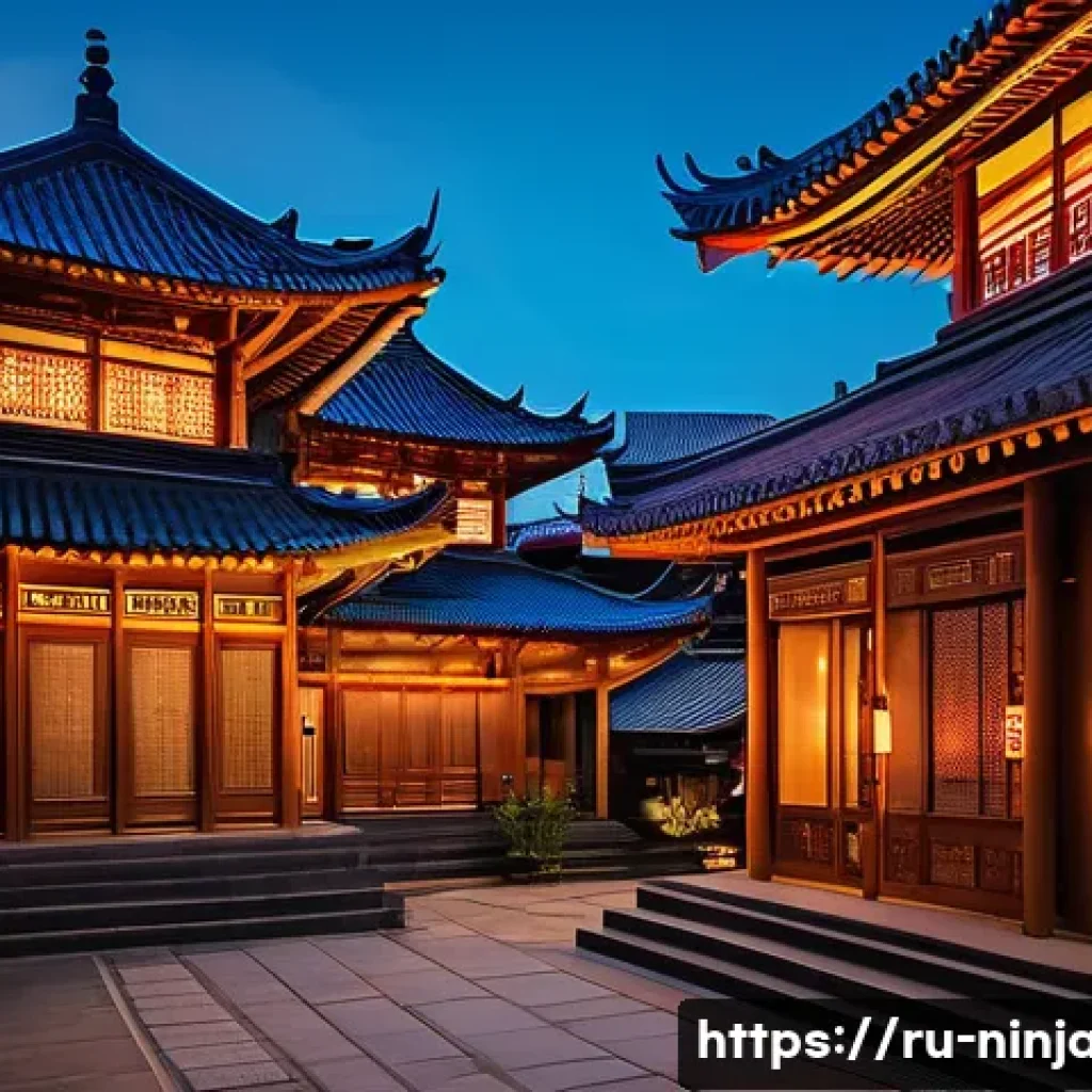 닌자고 배경에 사용된 건축 양식 - A mystical and futuristic ninja cityscape blending traditional East Asian architecture with modern t...