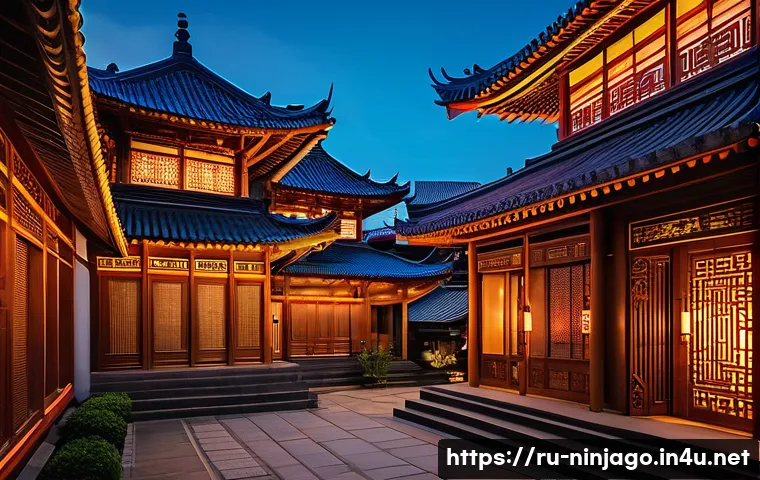 닌자고 배경에 사용된 건축 양식 - A mystical and futuristic ninja cityscape blending traditional East Asian architecture with modern t...
