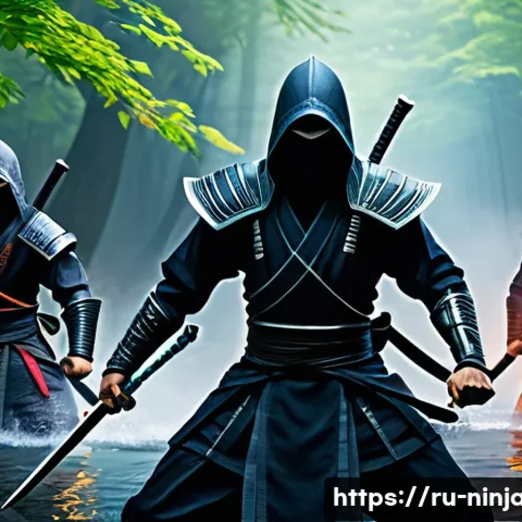 닌자고 닌자와 마법의 연결성 - A dynamic scene of a team of ninja warriors in detailed, stylized armor infused with elemental magic...