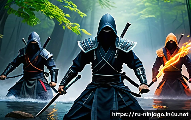 닌자고 닌자와 마법의 연결성 - A dynamic scene of a team of ninja warriors in detailed, stylized armor infused with elemental magic...