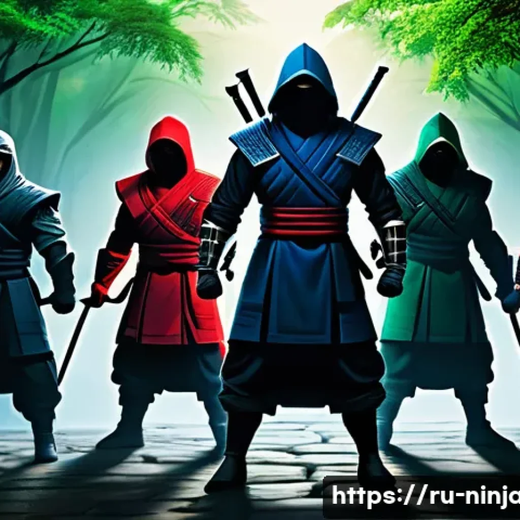 닌자고 캐릭터들의 개별 목표 - A diverse group of ninja warriors standing together in a dynamic team pose, each character showing u...