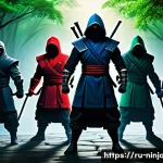 Home 22 닌자고 캐릭터들의 개별 목표 - A diverse group of ninja warriors standing together in a dynamic team pose, each character showing u...