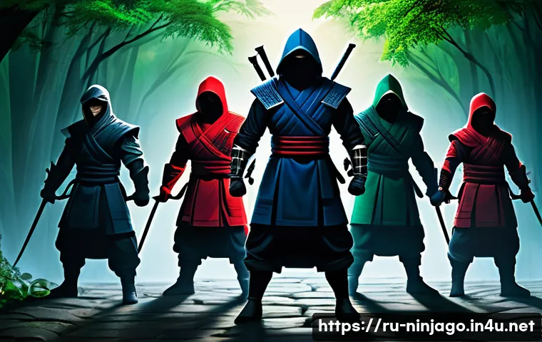 닌자고 캐릭터들의 개별 목표 - A diverse group of ninja warriors standing together in a dynamic team pose, each character showing u...