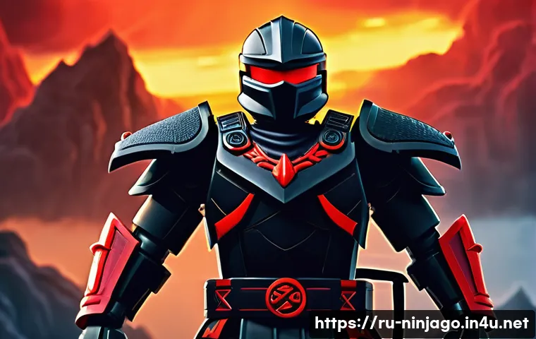 닌자고 악당들의 철학 - A powerful villain from Ninjago standing atop a dark fortress at twilight, clad in intricate, dark a...