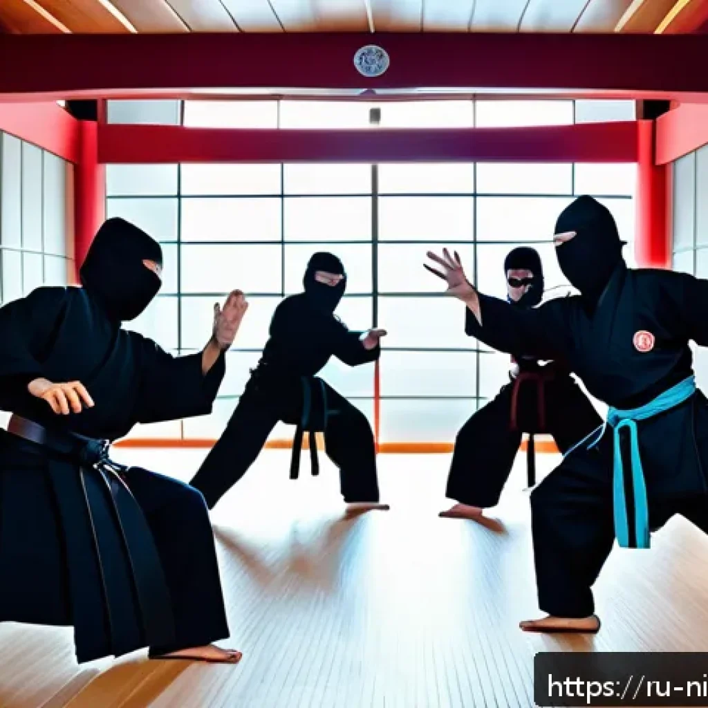닌자고 세계관 역사 - A dynamic scene of modern ninjas training in a futuristic dojo that blends traditional Japanese arch...