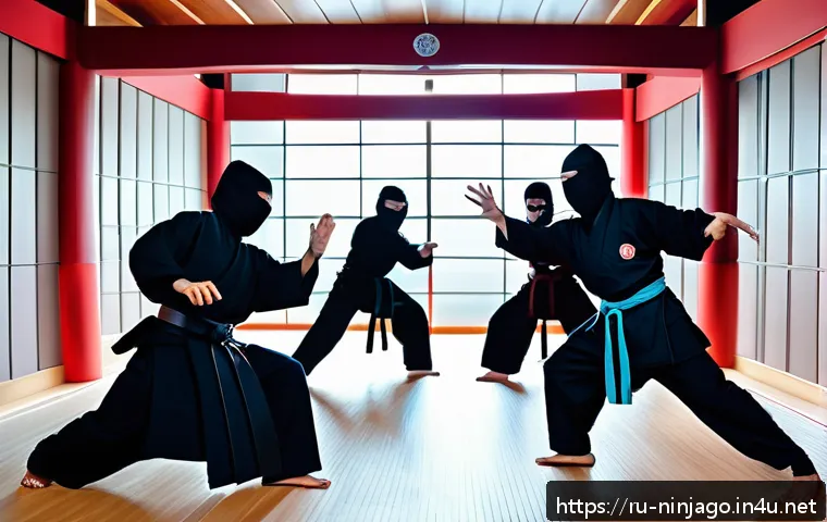 닌자고 세계관 역사 - A dynamic scene of modern ninjas training in a futuristic dojo that blends traditional Japanese arch...