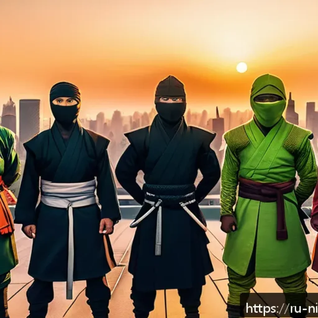 닌자고 시즌 1 2 간 연결 고리 - A dynamic group portrait of a diverse ninja team standing united on a rooftop at sunset, showcasing ...