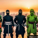 Home 23 닌자고 시즌 1 2 간 연결 고리 - A dynamic group portrait of a diverse ninja team standing united on a rooftop at sunset, showcasing ...