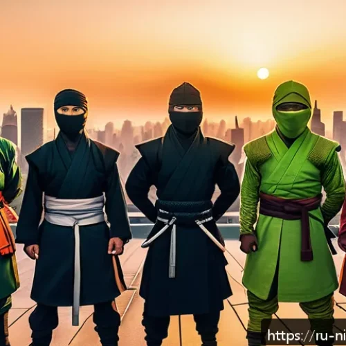 Home 17 닌자고 시즌 1 2 간 연결 고리 - A dynamic group portrait of a diverse ninja team standing united on a rooftop at sunset, showcasing ...