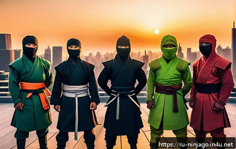 닌자고 시즌 1 2 간 연결 고리 - A dynamic group portrait of a diverse ninja team standing united on a rooftop at sunset, showcasing ...