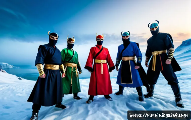 닌자고 시즌 14 주요 스토리 - Photorealistic cinematic scene of six colorful masked ninja heroes standing on a snowy mountain fort...