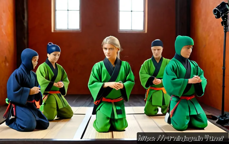 닌자고 주인공들의 비하인드 스토리 - Photorealistic cinematic behind-the-scenes scene of five colorful ninja action-figure heroes gathere...